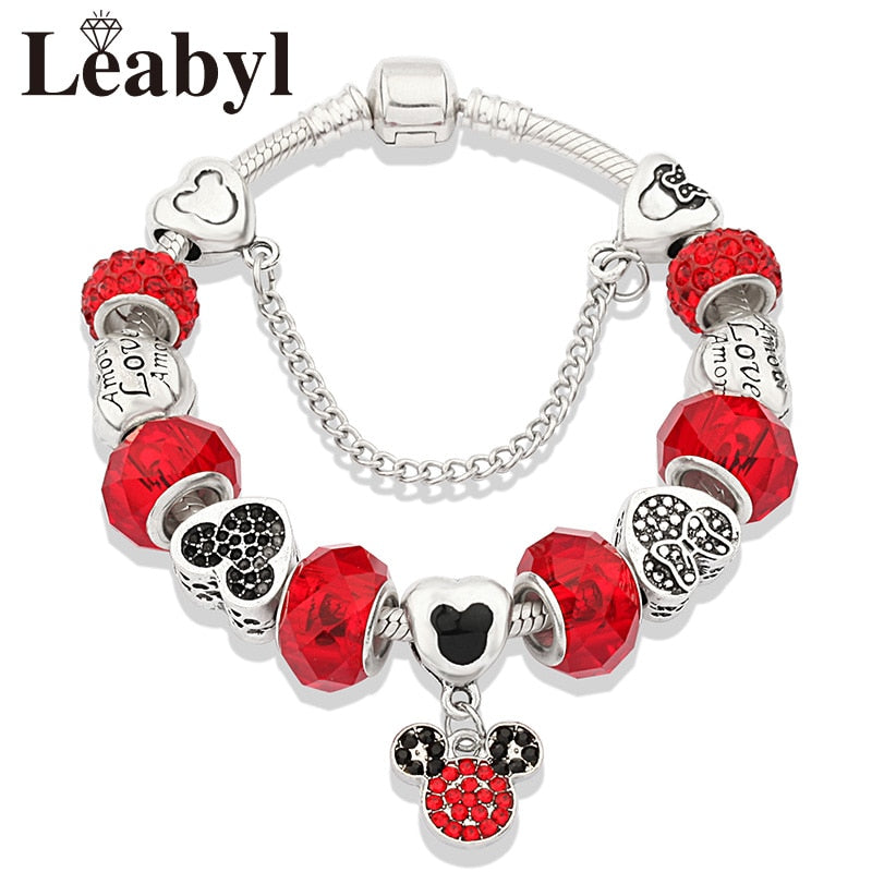 Classic pandora Design Red Crystal Mickey Minnie Bead Bracelet Silver Color Heart Charm Jewelry Bracelet Pulsera Mujer