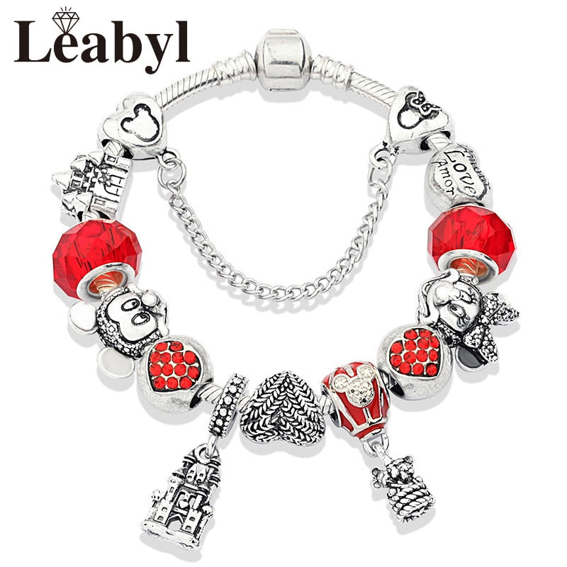 Classic pandora Design Red Crystal Mickey Minnie Bead Bracelet Silver Color Heart Charm Jewelry Bracelet Pulsera Mujer