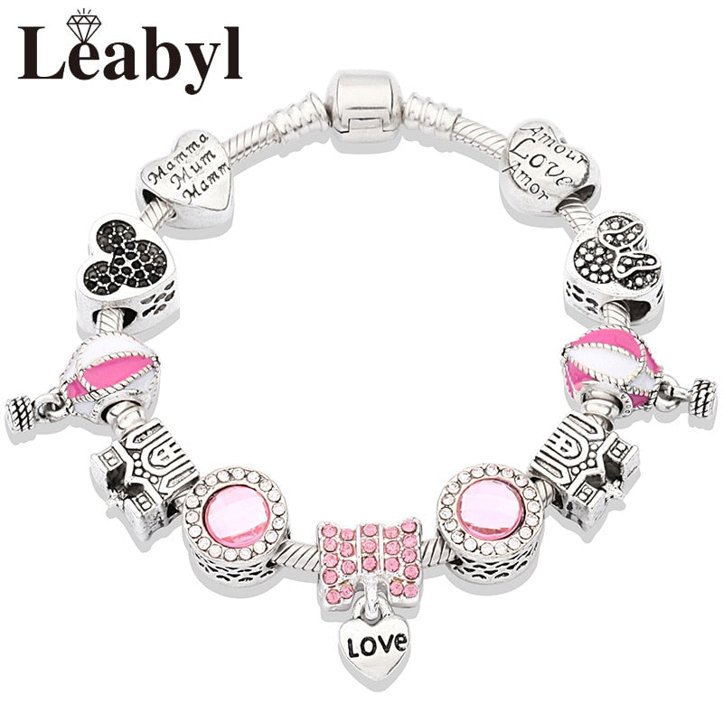 Classic pandora Design Red Crystal Mickey Minnie Bead Bracelet Silver Color Heart Charm Jewelry Bracelet Pulsera Mujer