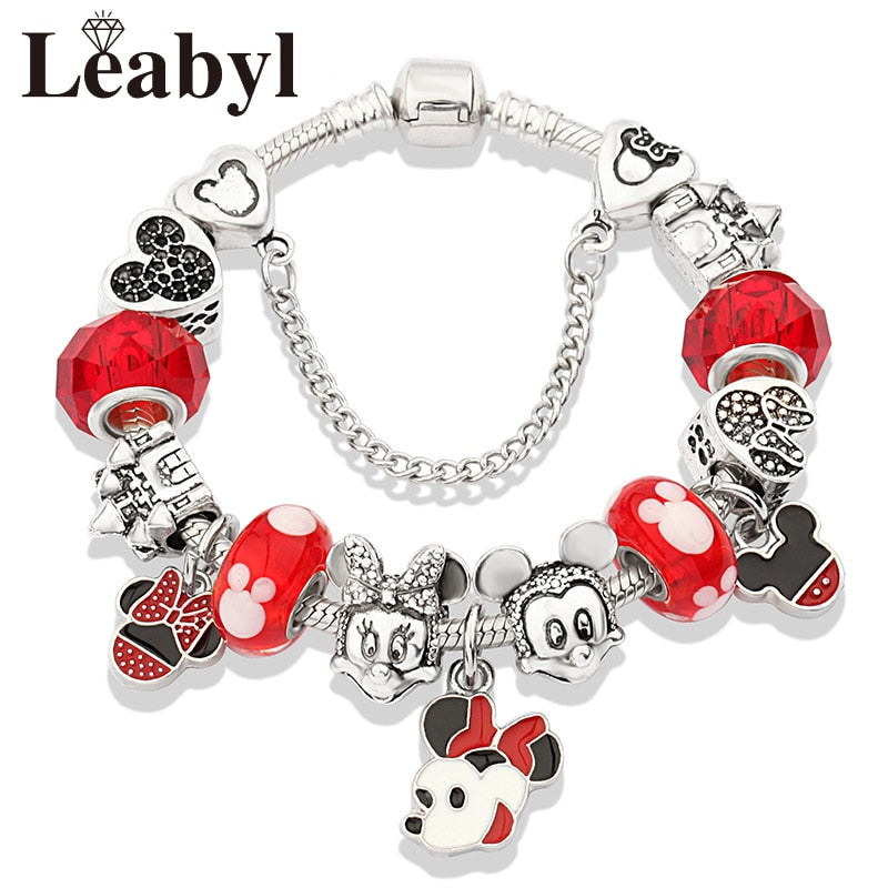 Classic pandora Design Red Crystal Mickey Minnie Bead Bracelet Silver Color Heart Charm Jewelry Bracelet Pulsera Mujer