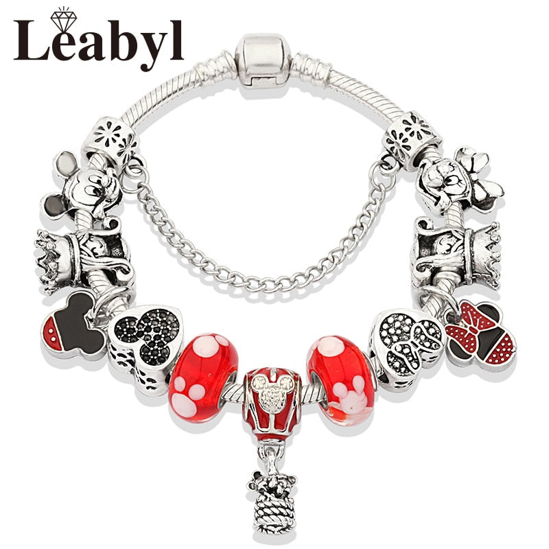 Classic pandora Design Red Crystal Mickey Minnie Bead Bracelet Silver Color Heart Charm Jewelry Bracelet Pulsera Mujer