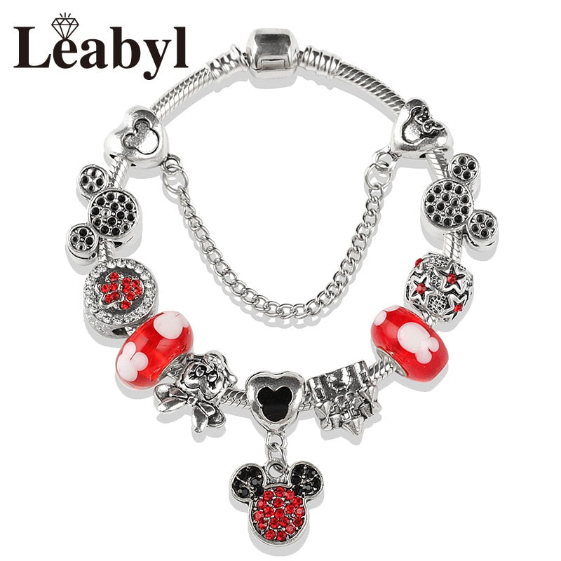 Classic pandora Design Red Crystal Mickey Minnie Bead Bracelet Silver Color Heart Charm Jewelry Bracelet Pulsera Mujer