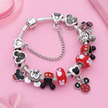 Classic pandora Design Red Crystal Mickey Minnie Bead Bracelet Silver Color Heart Charm Jewelry Bracelet Pulsera Mujer