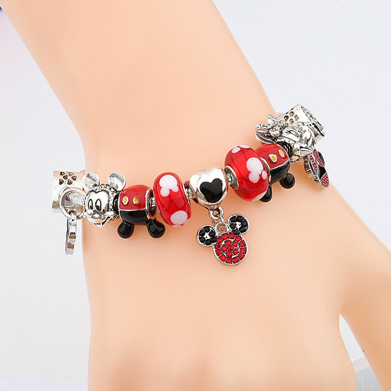 Classic pandora Design Red Crystal Mickey Minnie Bead Bracelet Silver Color Heart Charm Jewelry Bracelet Pulsera Mujer