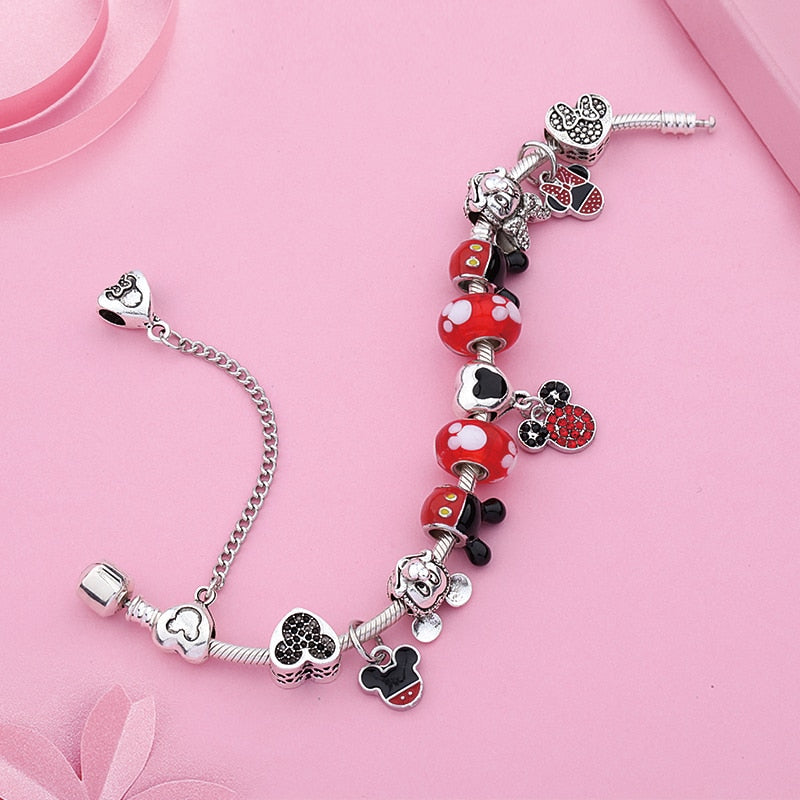 Classic pandora Design Red Crystal Mickey Minnie Bead Bracelet Silver Color Heart Charm Jewelry Bracelet Pulsera Mujer