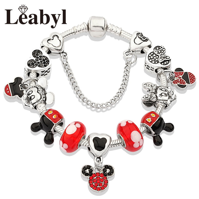 Classic pandora Design Red Crystal Mickey Minnie Bead Bracelet Silver Color Heart Charm Jewelry Bracelet Pulsera Mujer