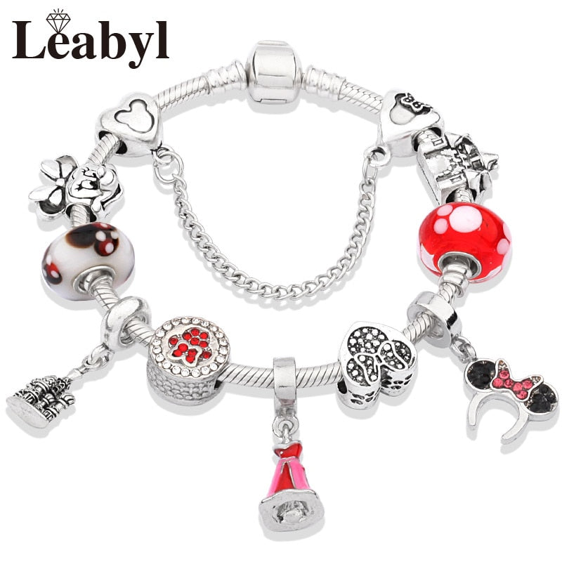 Classic pandora Design Red Crystal Mickey Minnie Bead Bracelet Silver Color Heart Charm Jewelry Bracelet Pulsera Mujer