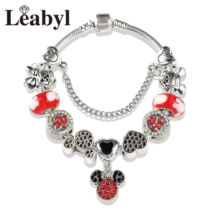 Classic pandora Design Red Crystal Mickey Minnie Bead Bracelet Silver Color Heart Charm Jewelry Bracelet Pulsera Mujer