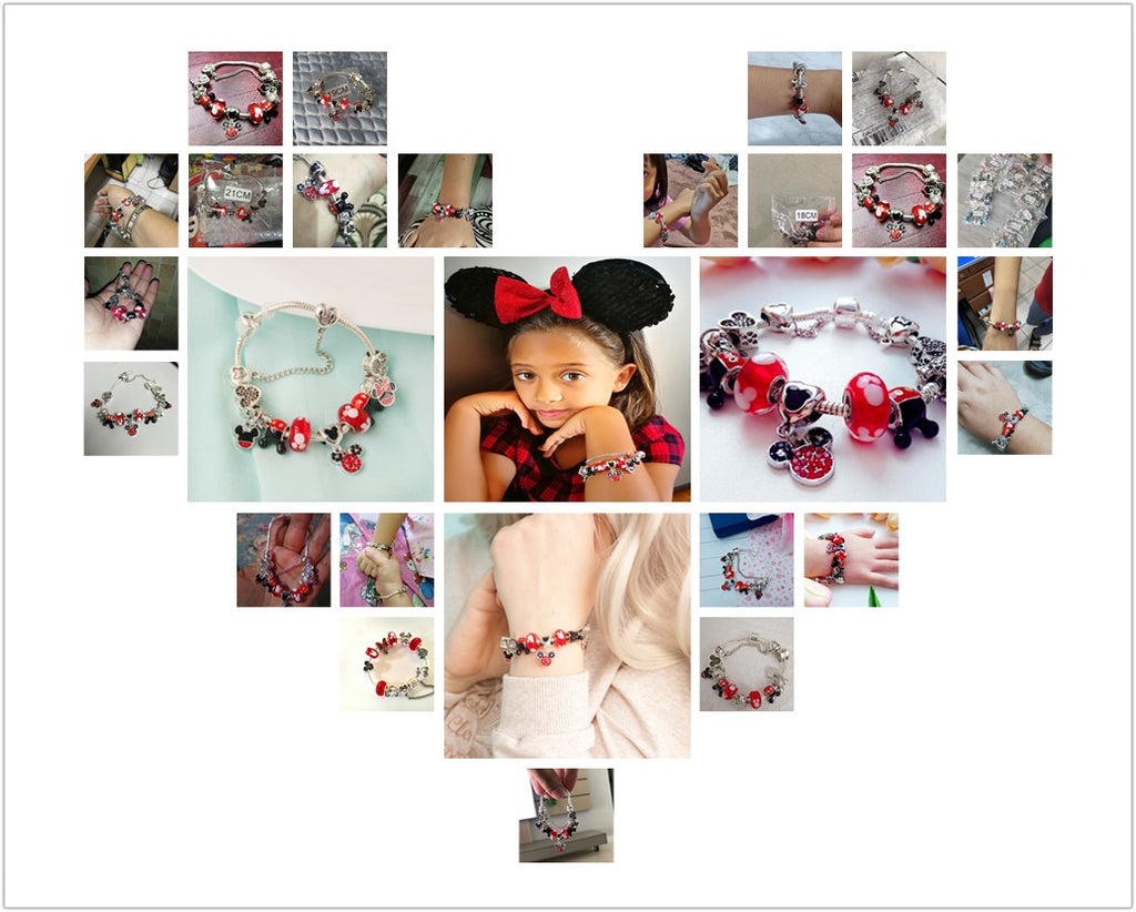 Classic pandora Design Red Crystal Mickey Minnie Bead Bracelet Silver Color Heart Charm Jewelry Bracelet Pulsera Mujer