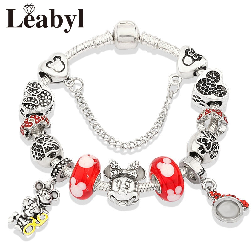 Classic pandora Design Red Crystal Mickey Minnie Bead Bracelet Silver Color Heart Charm Jewelry Bracelet Pulsera Mujer