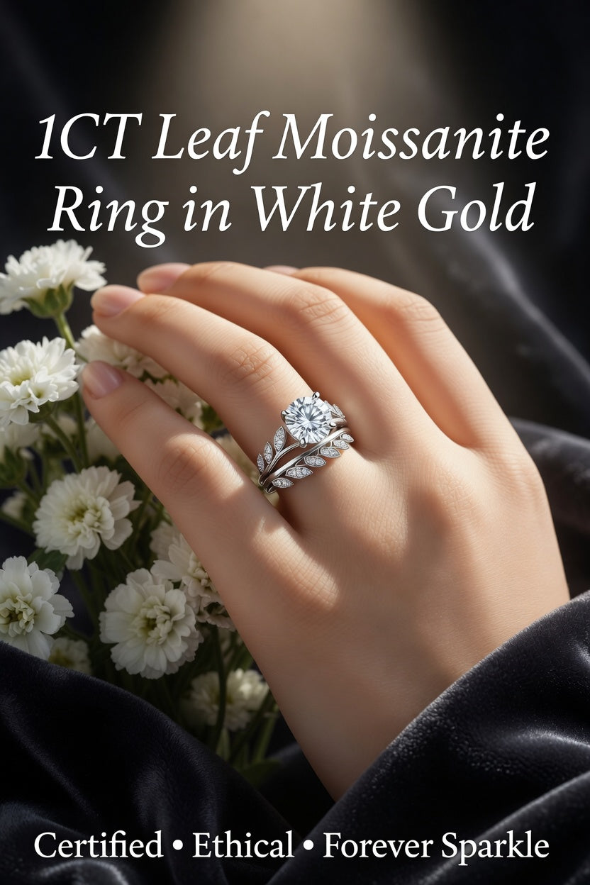 1CT Leaf Moissanite Diamond Ring In White Gold With Certificate