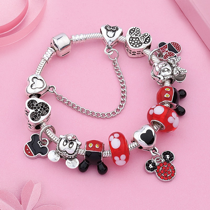 Classic pandora Design Red Crystal Mickey Minnie Bead Bracelet Silver Color Heart Charm Jewelry Bracelet Pulsera Mujer